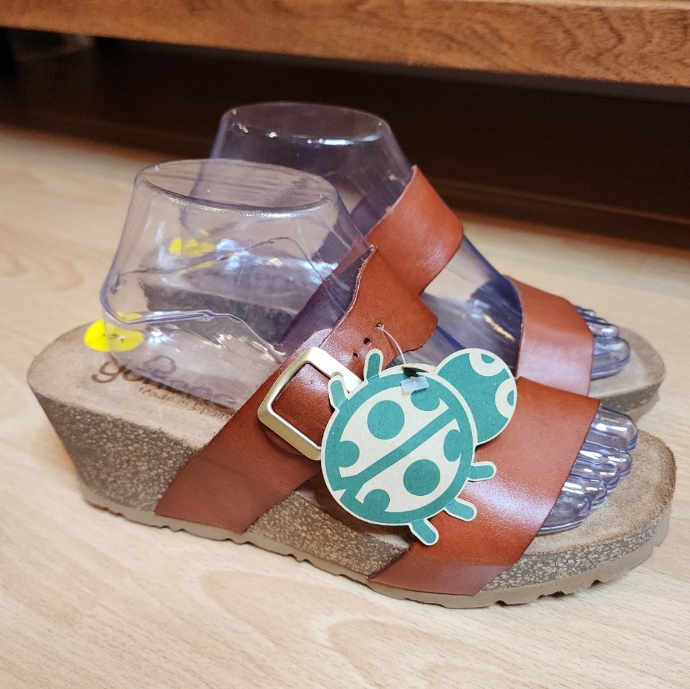 NWT Yokono Brown Leather Wedge Sandals Womens 9 Double Buckle Straps - Picture 2 of 16